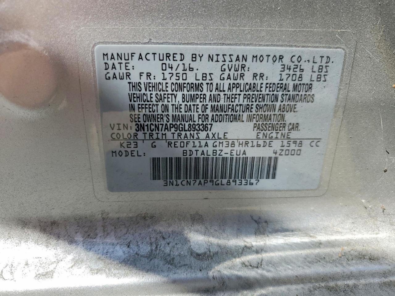 2016 NISSAN VERSA 1.6