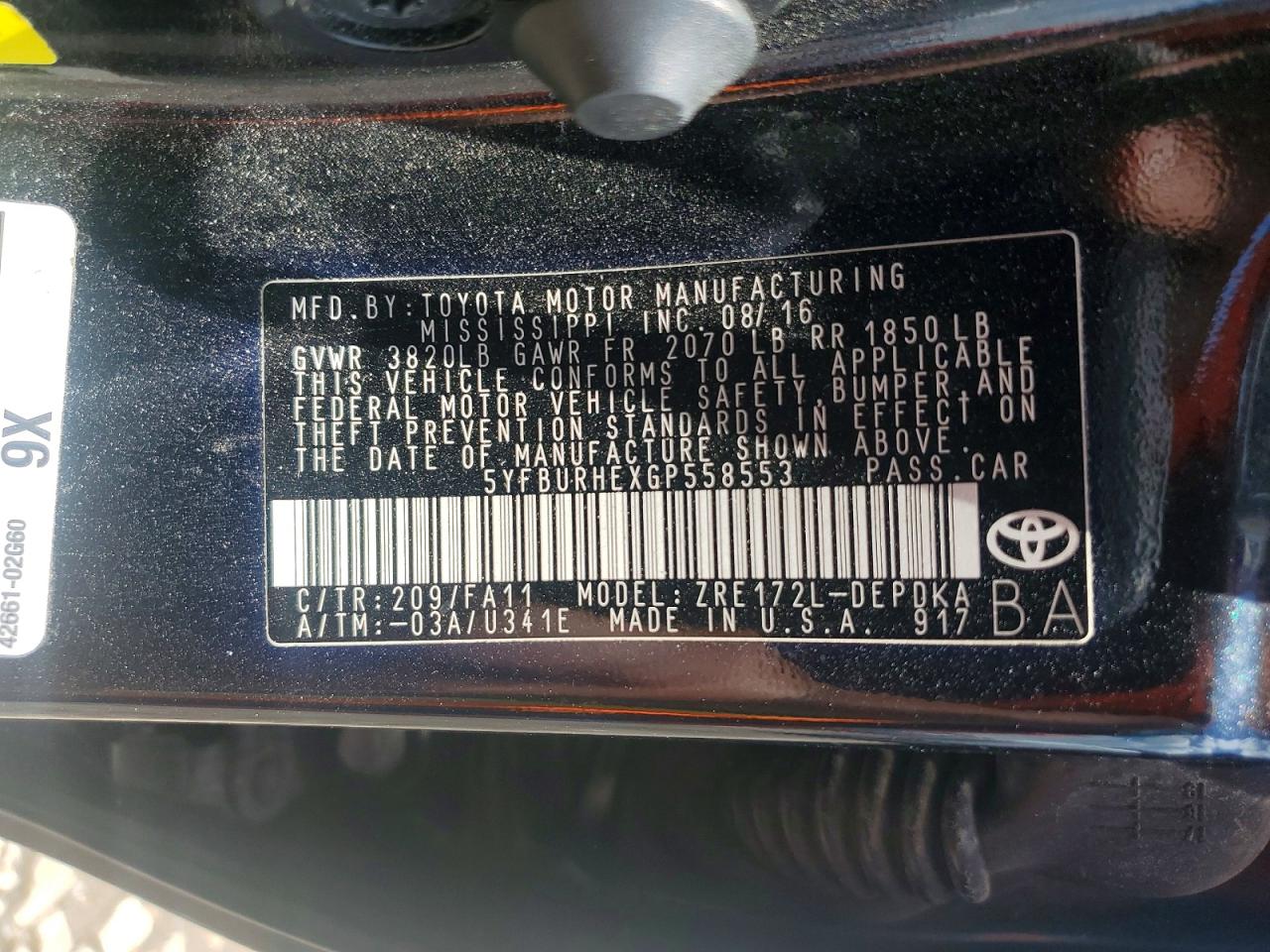 2016 TOYOTA COROLLA