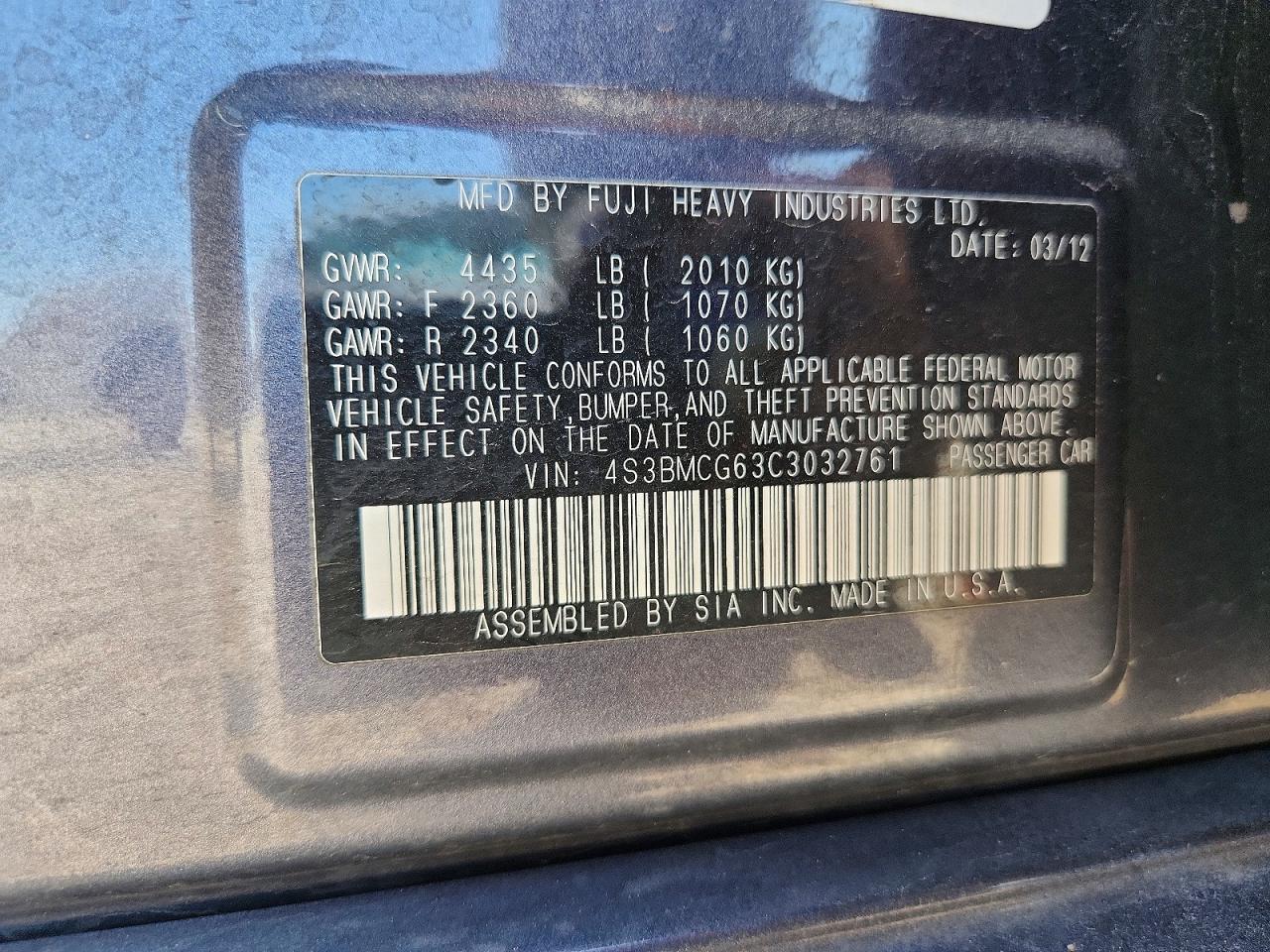2012 SUBARU LEGACY