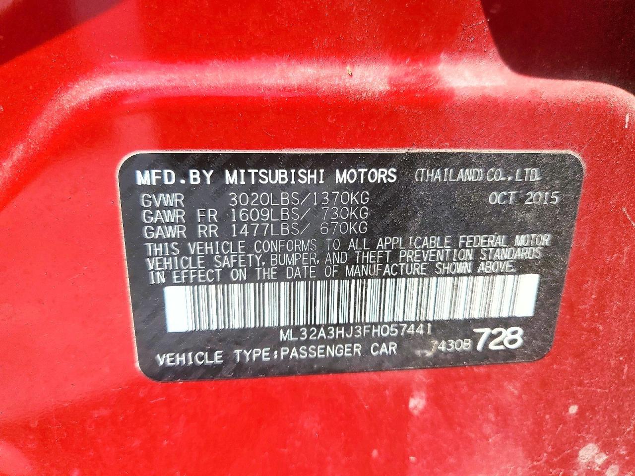 2015 MITSUBISHI MIRAGE