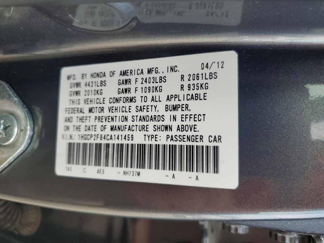 2012 HONDA ACCORD