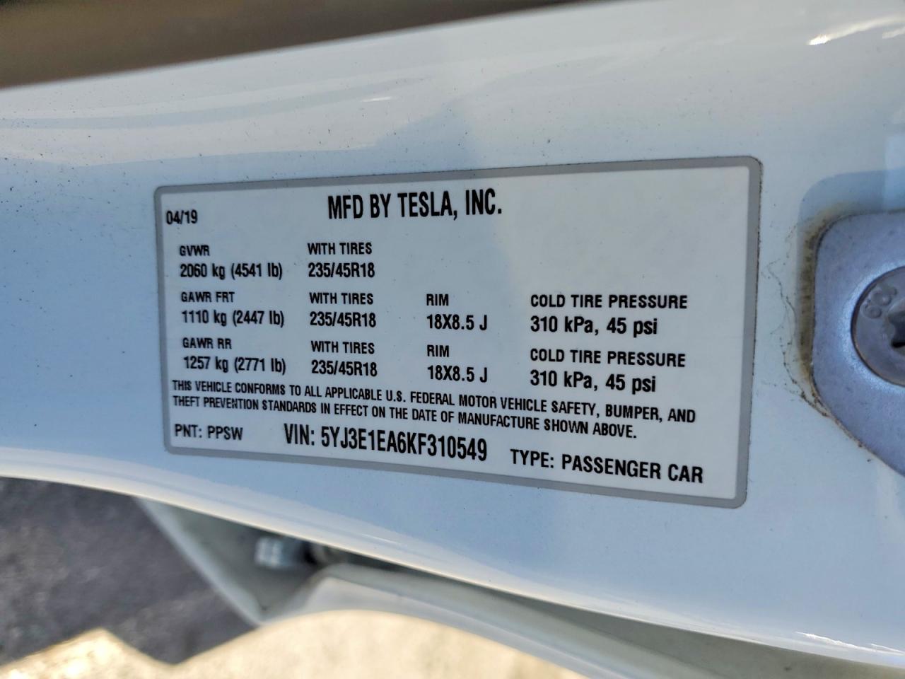 2019 TESLA MODEL 3