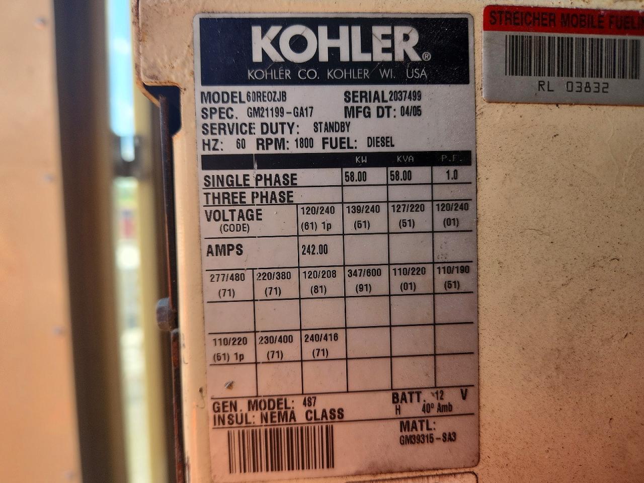 2005 KOHLER GENERATOR