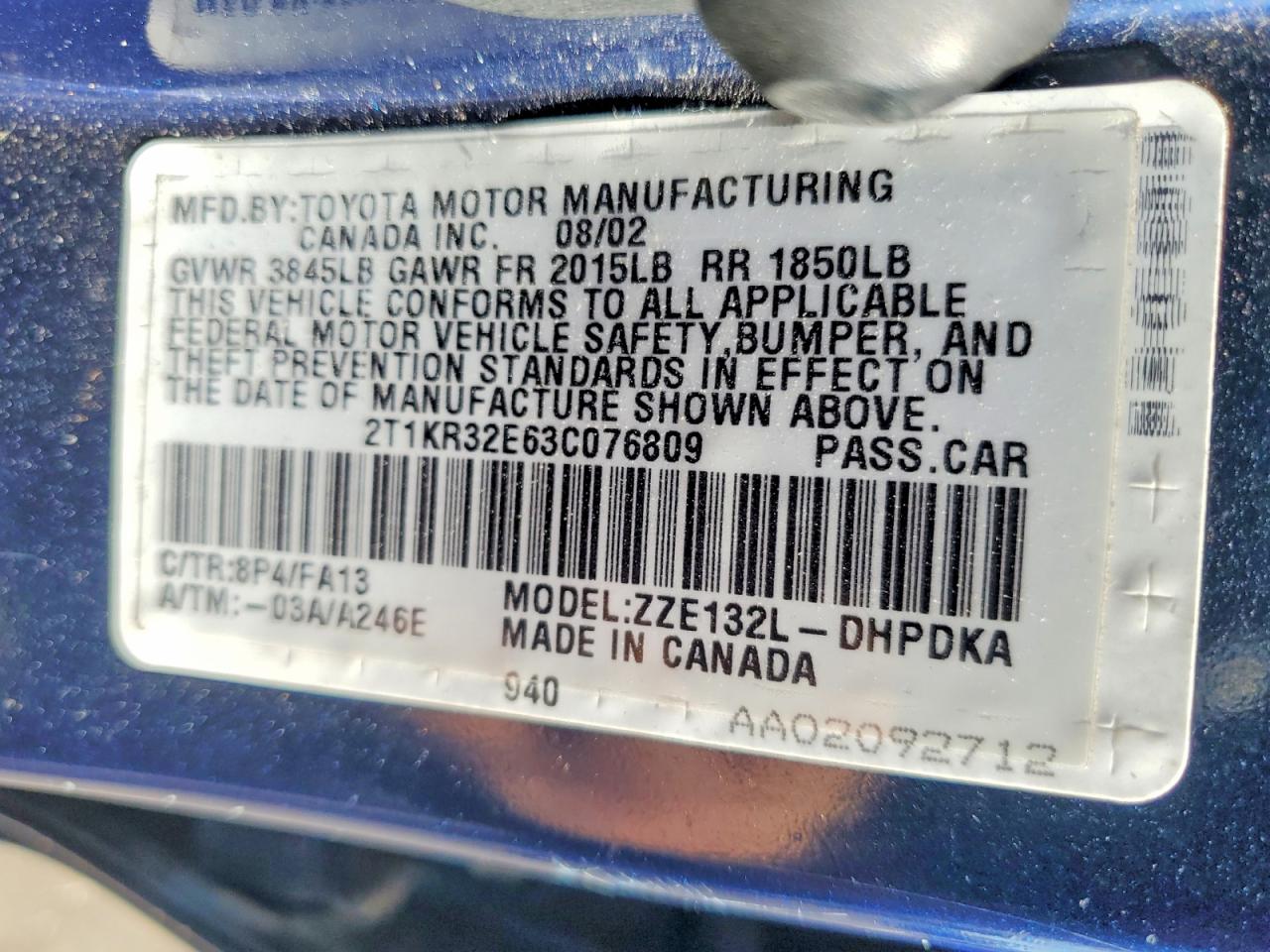 2003 TOYOTA COROLLA