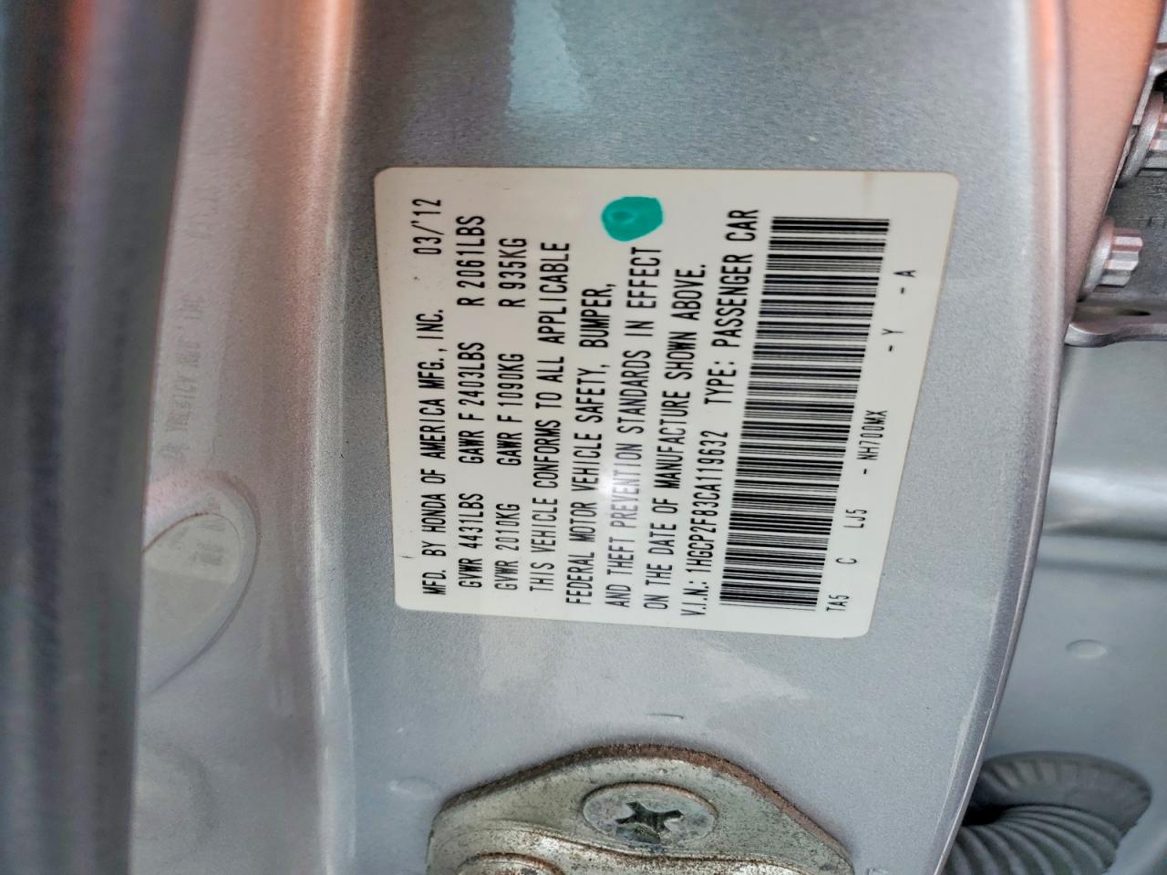 2012 HONDA ACCORD