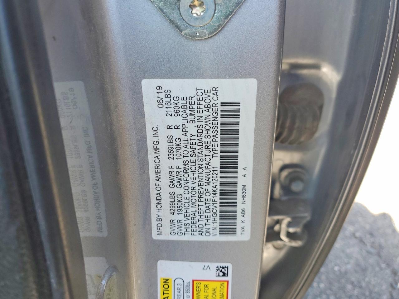 2019 HONDA ACCORD