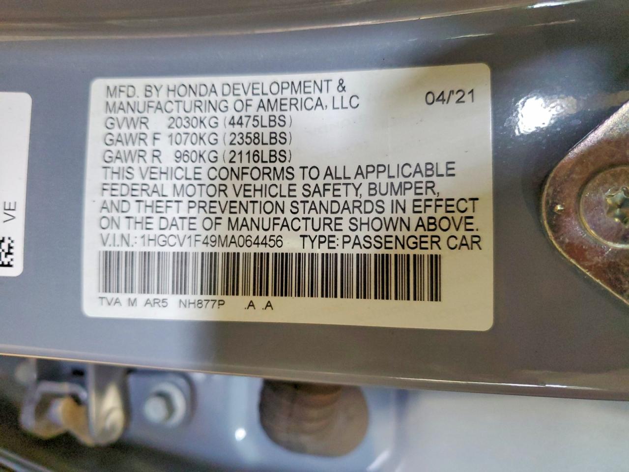 2021 HONDA ACCORD