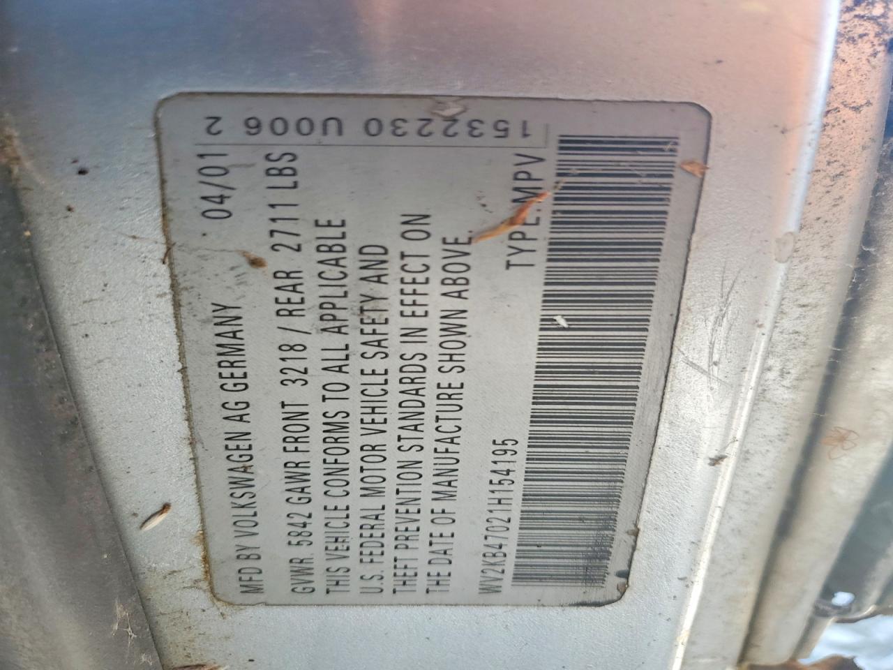 2001 VOLKSWAGEN EUROVAN
