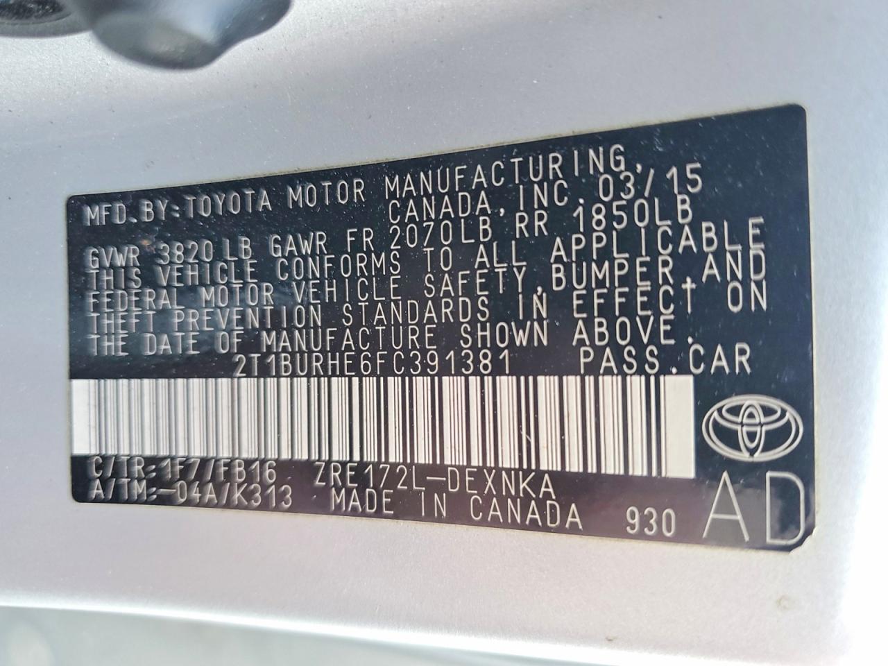 2015 TOYOTA COROLLA