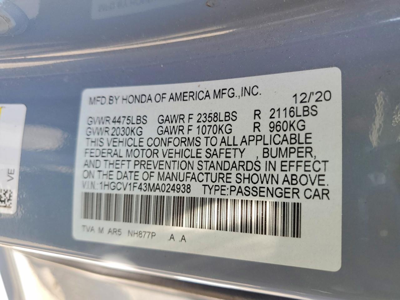 2021 HONDA ACCORD