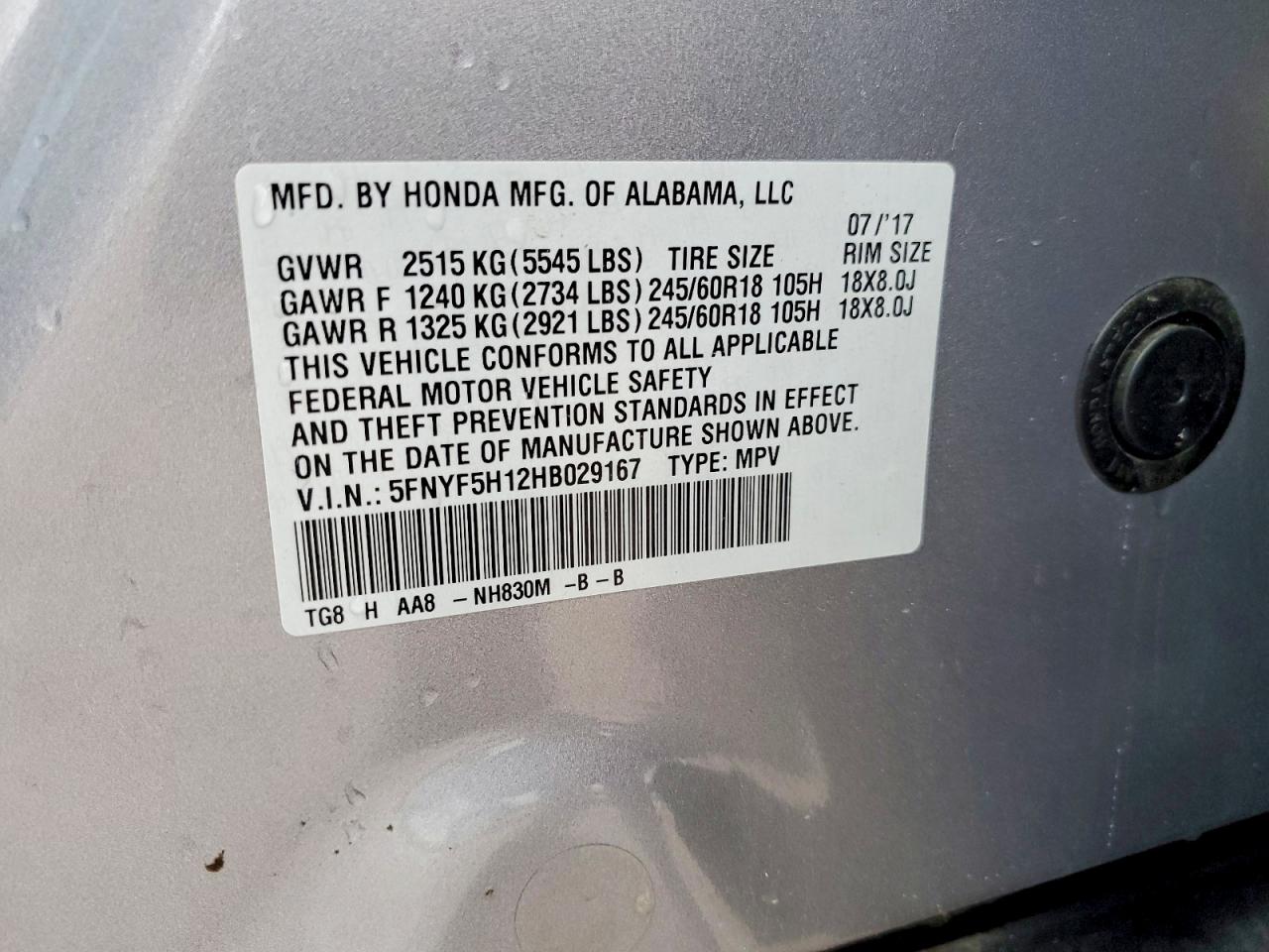 2017 HONDA PILOT LX