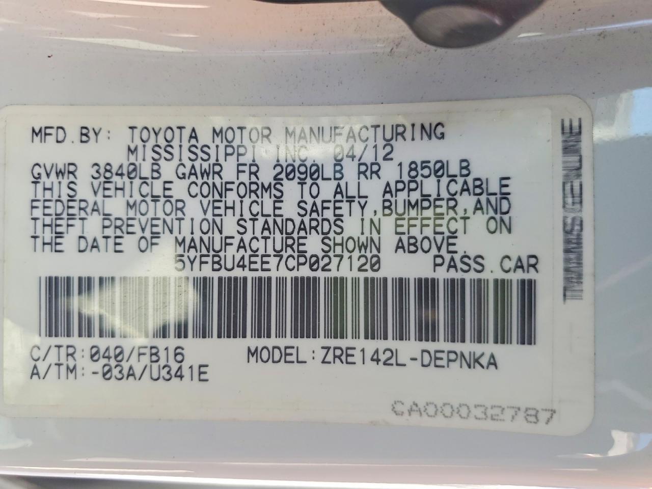 2012 TOYOTA COROLLA