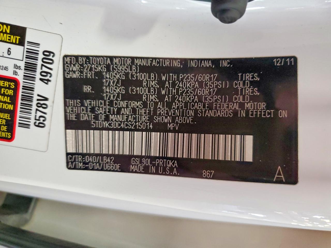 2012 TOYOTA SIENNA