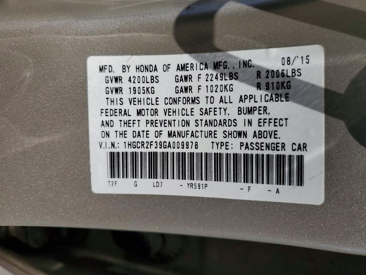 2016 HONDA ACCORD