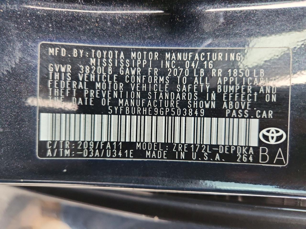 2016 TOYOTA COROLLA