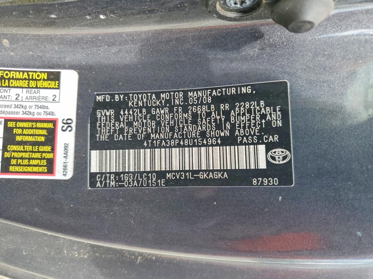2008 TOYOTA CAMRY SOLA