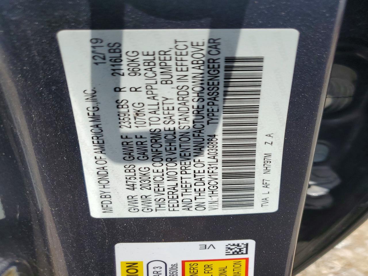 2020 HONDA ACCORD