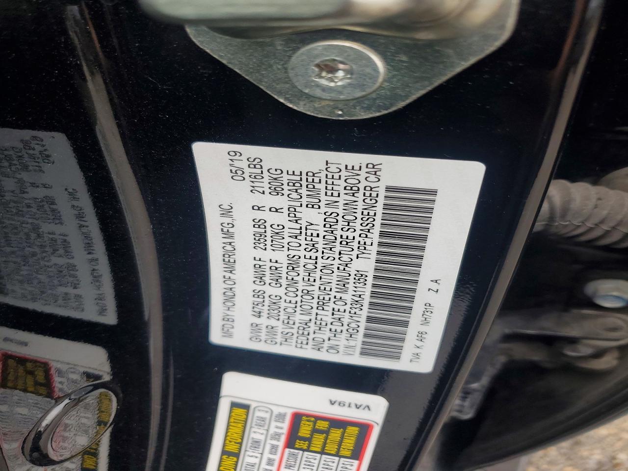 2019 HONDA ACCORD