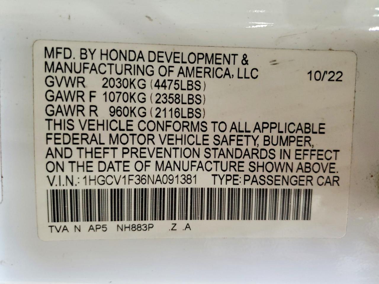 2022 HONDA ACCORD