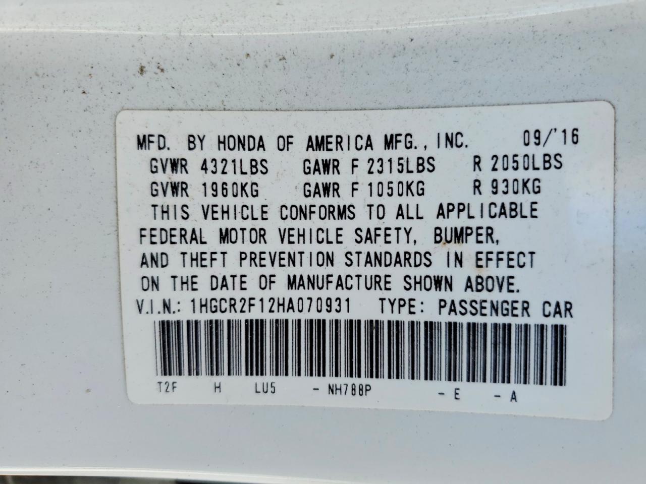 2017 HONDA ACCORD