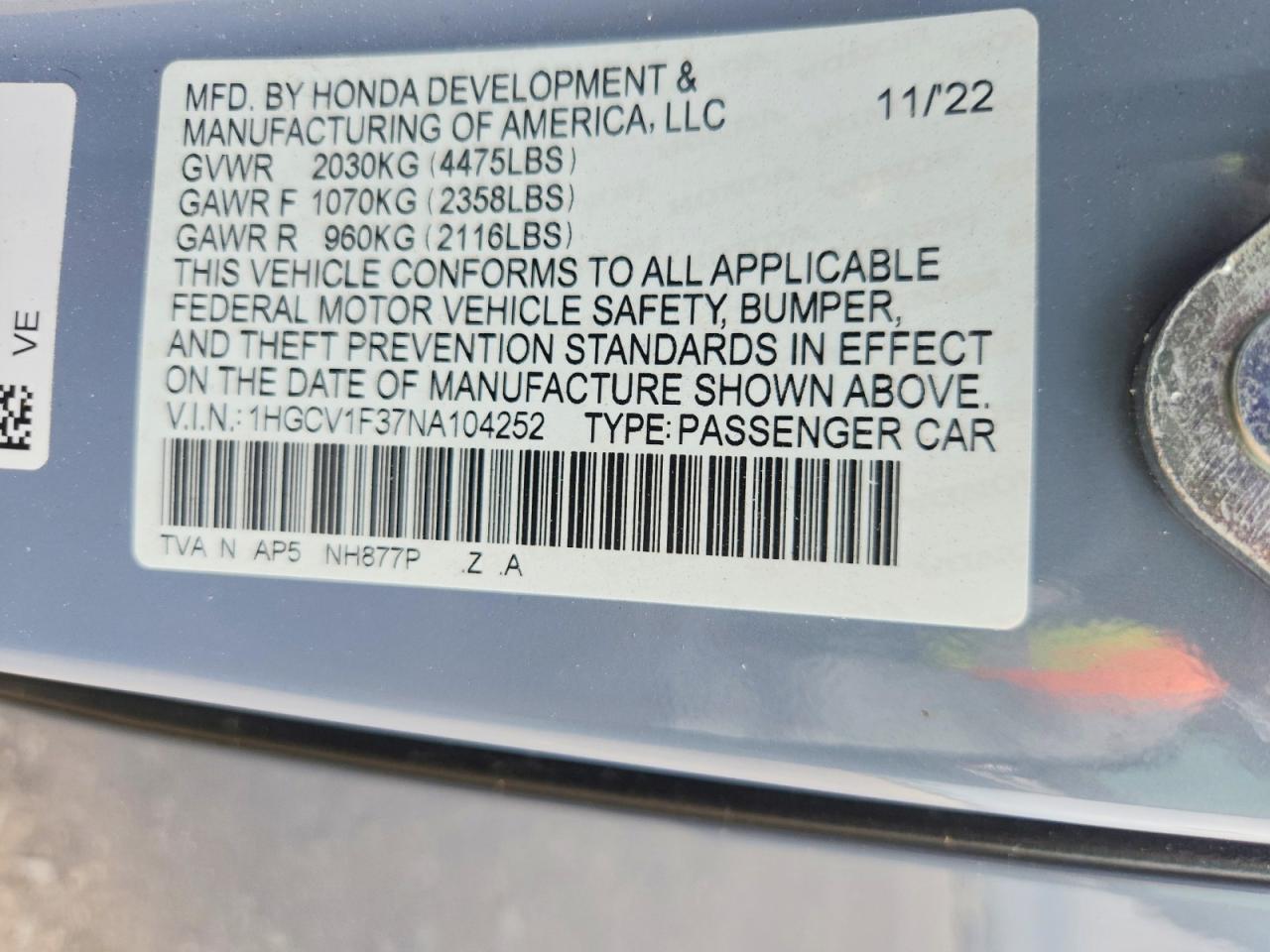 2022 HONDA ACCORD
