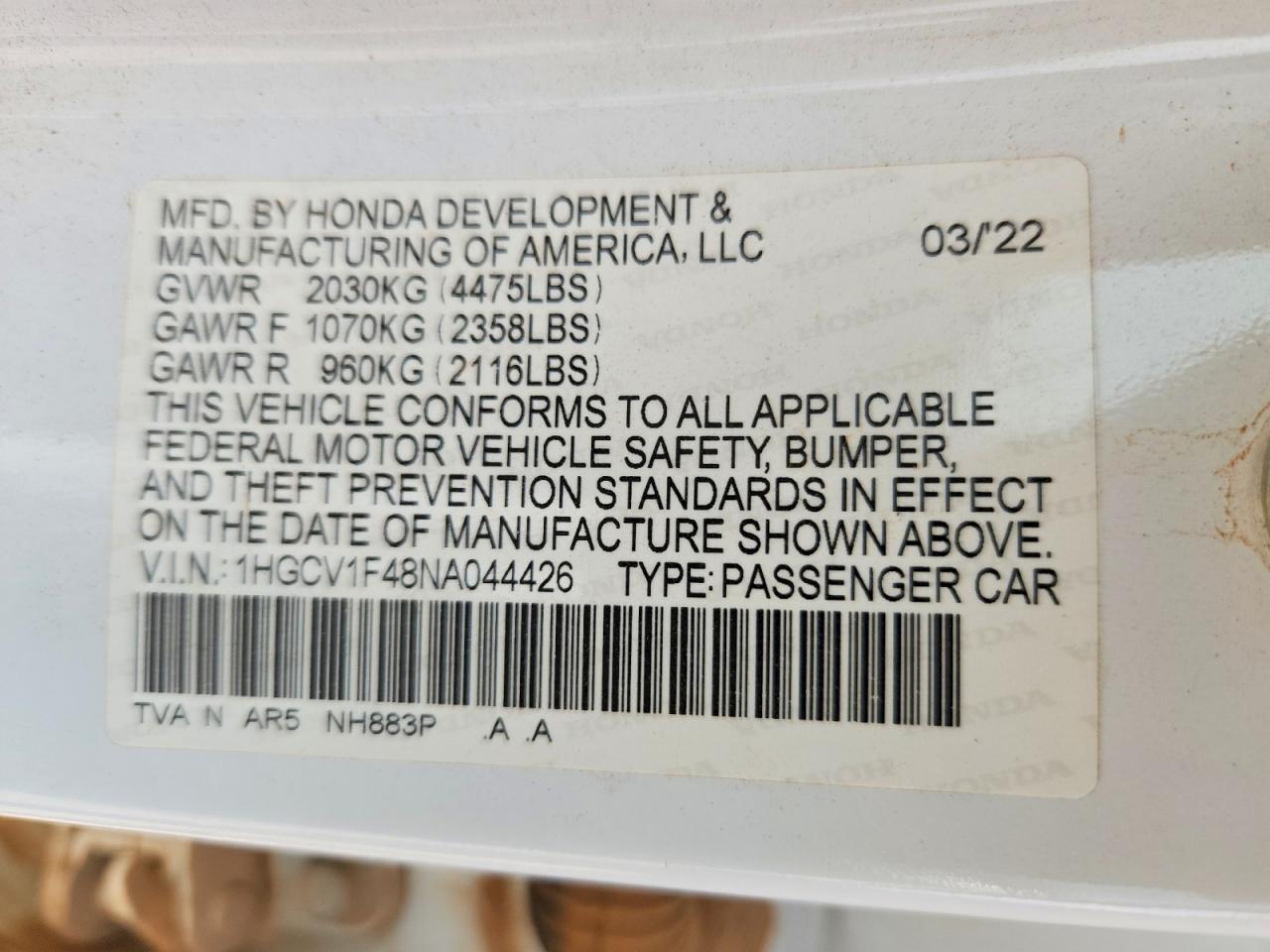 2022 HONDA ACCORD