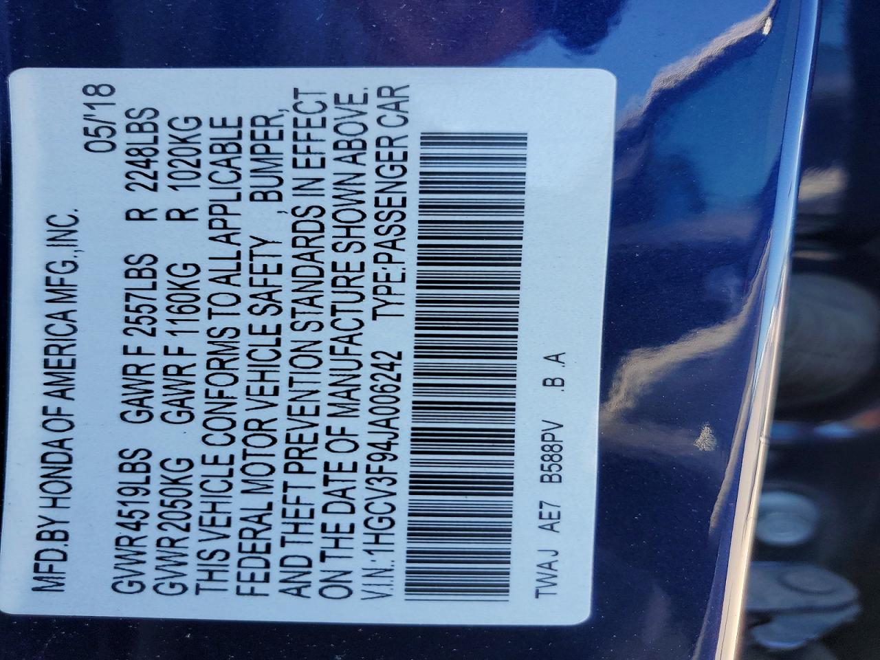 2018 HONDA ACCORD