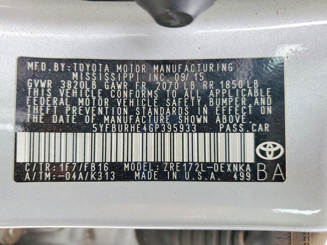 2016 TOYOTA COROLLA