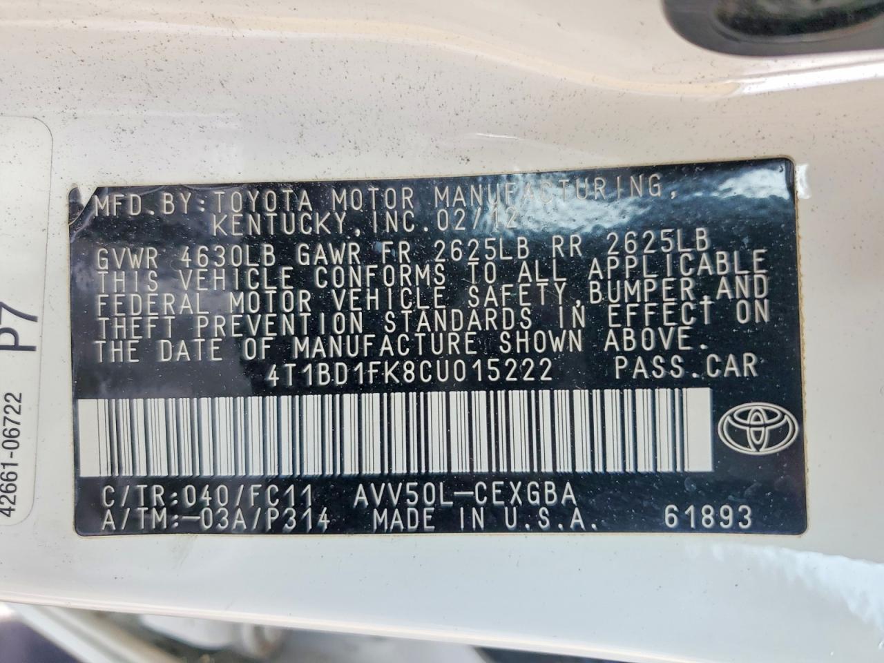 2012 TOYOTA CAMRY SOLA