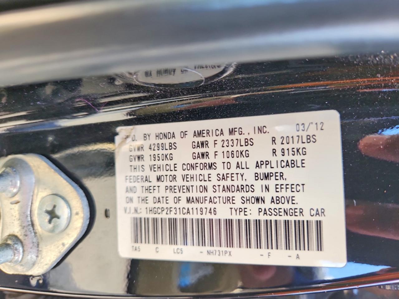 2012 HONDA ACCORD