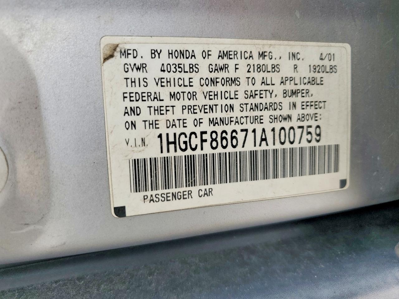 2001 HONDA ACCORD