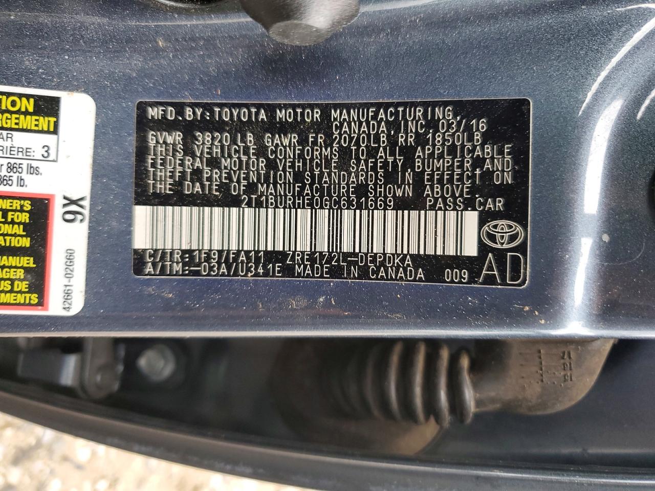 2016 TOYOTA COROLLA