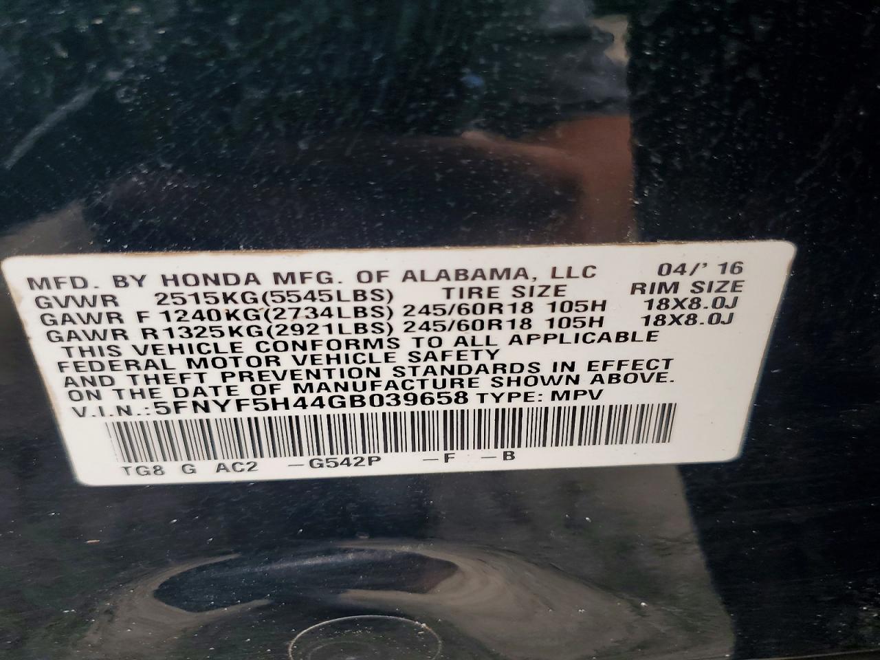 2016 HONDA PILOT