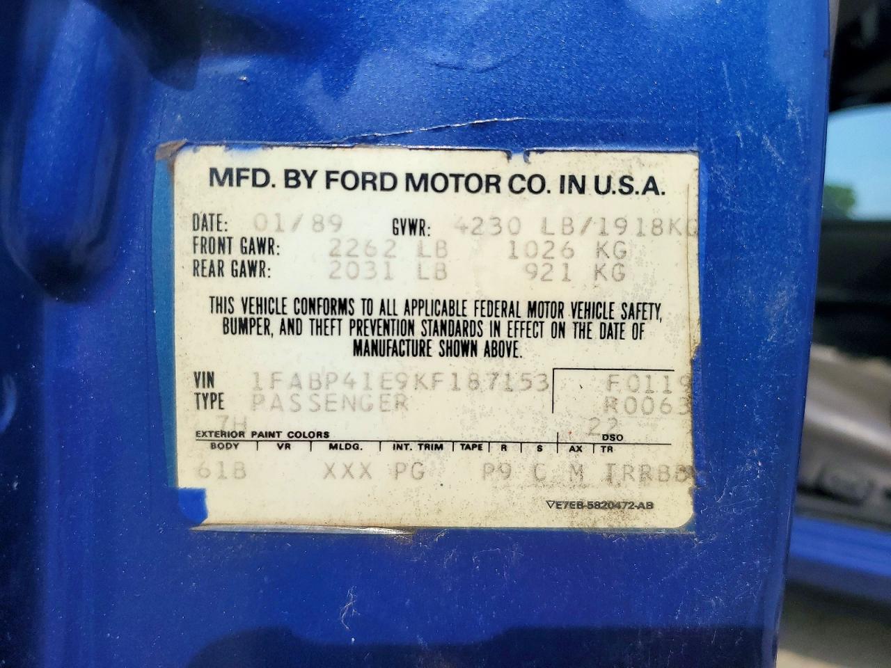 1989 FORD MUSTANG