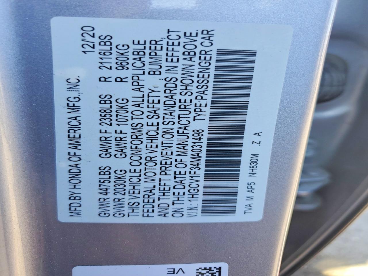 2021 HONDA ACCORD