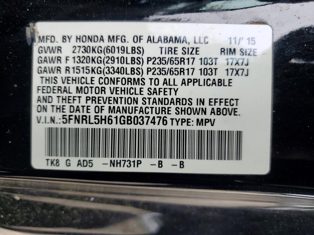 2016 HONDA ODYSSEY