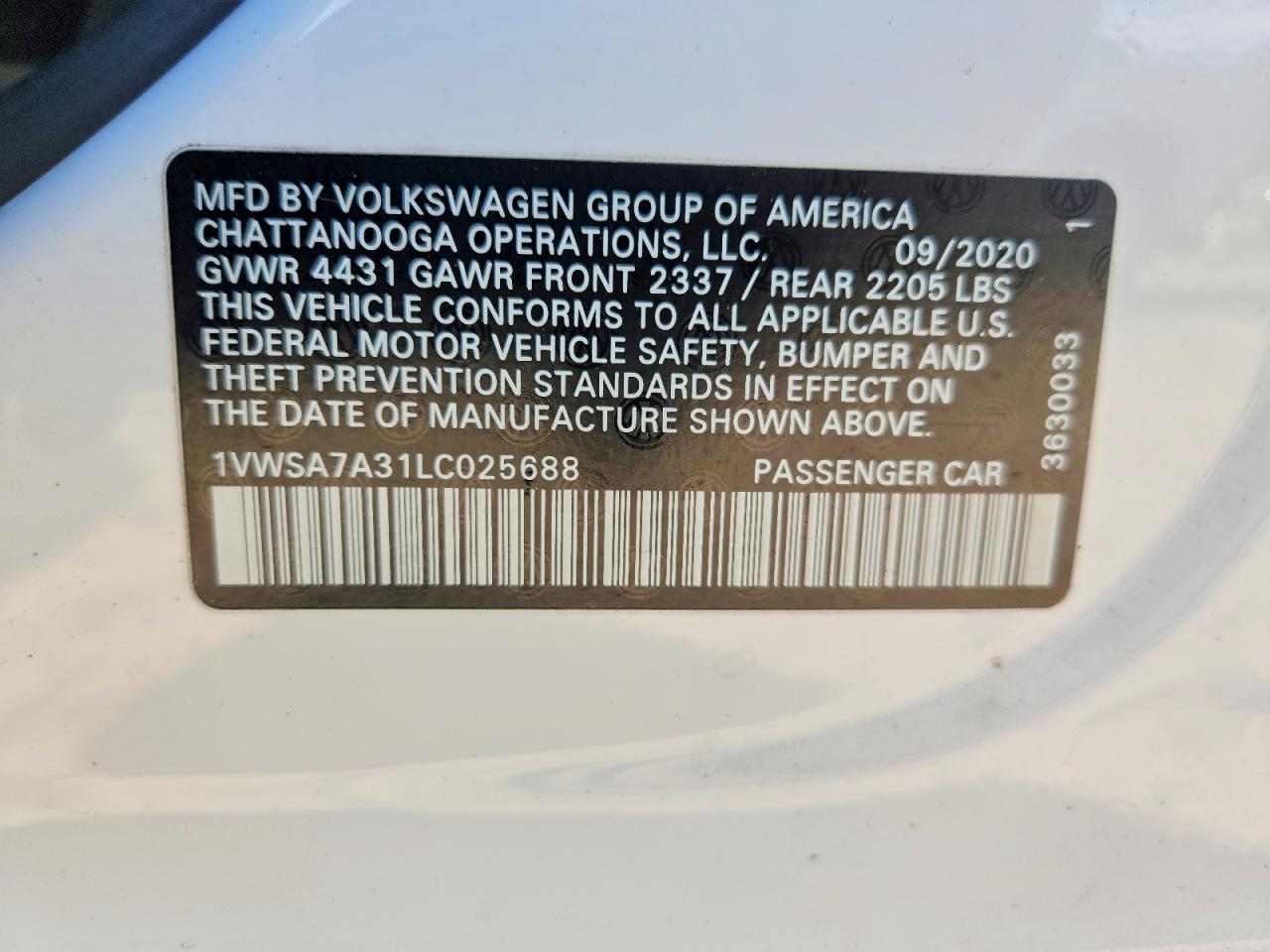 2020 VOLKSWAGEN PASSAT