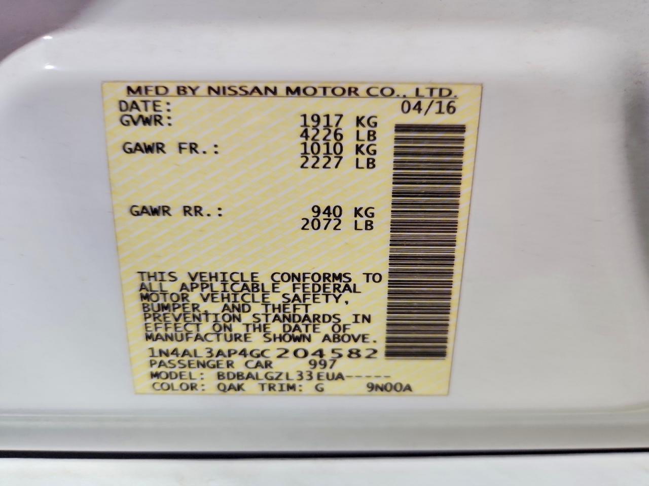2016 NISSAN ALTIMA