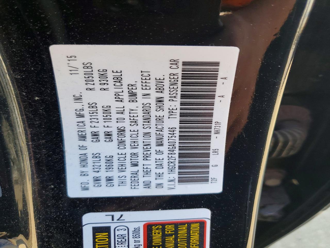 2016 HONDA ACCORD
