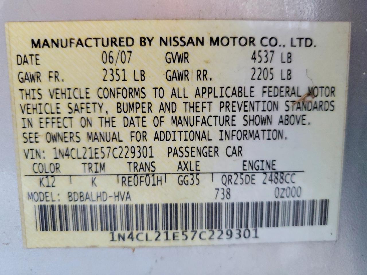 2007 NISSAN ALTIMA