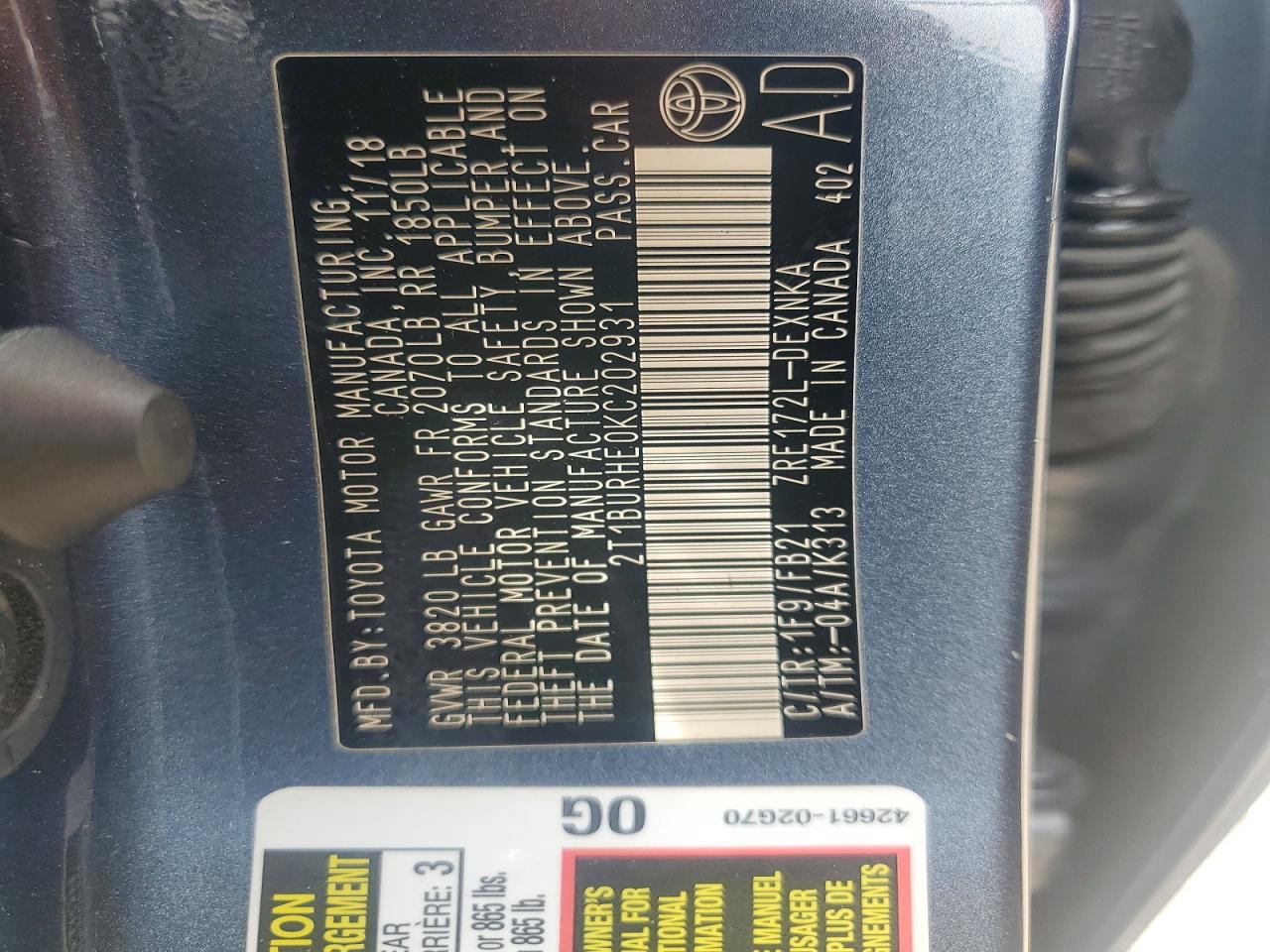 2019 TOYOTA COROLLA