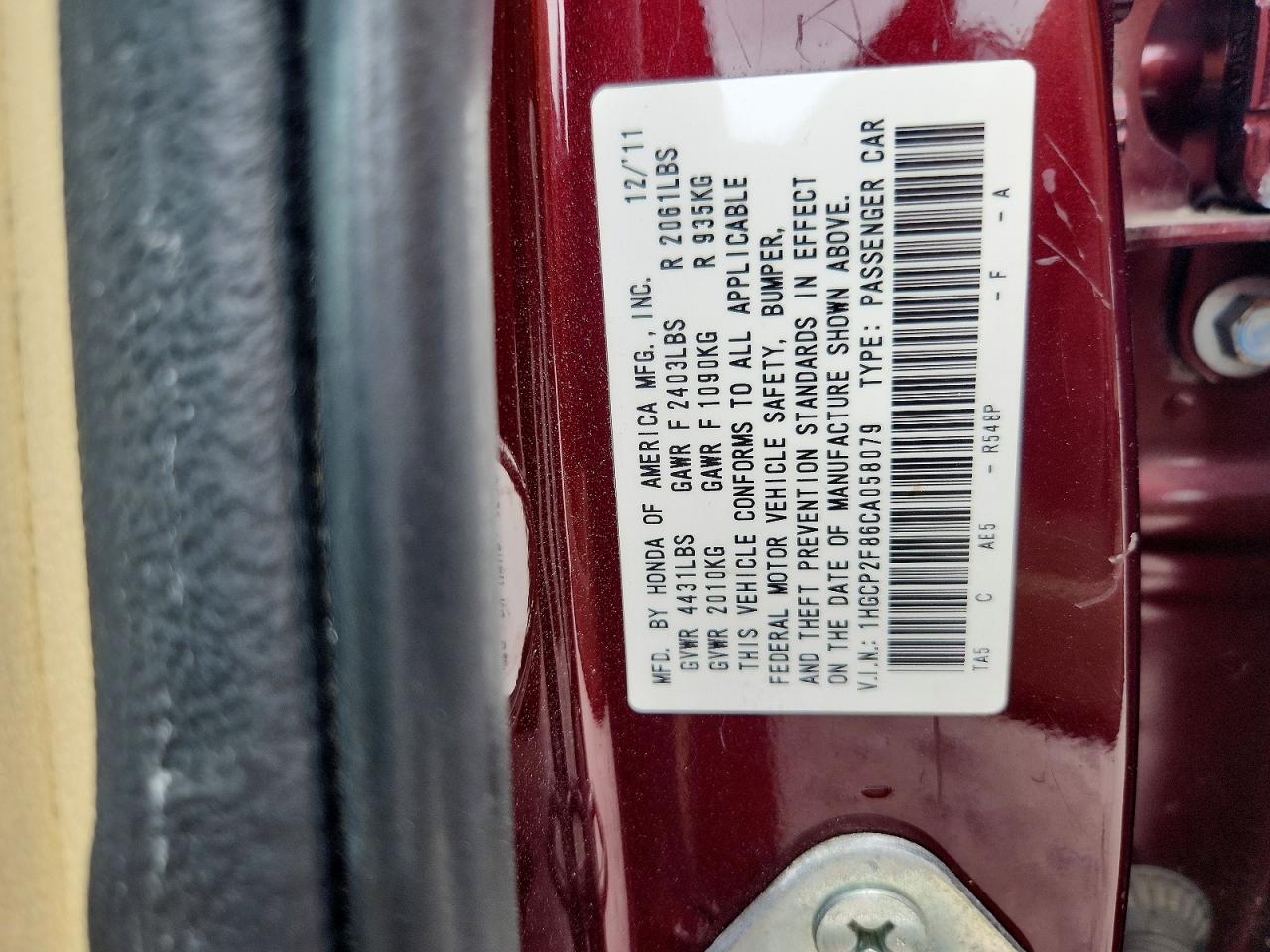 2012 HONDA ACCORD