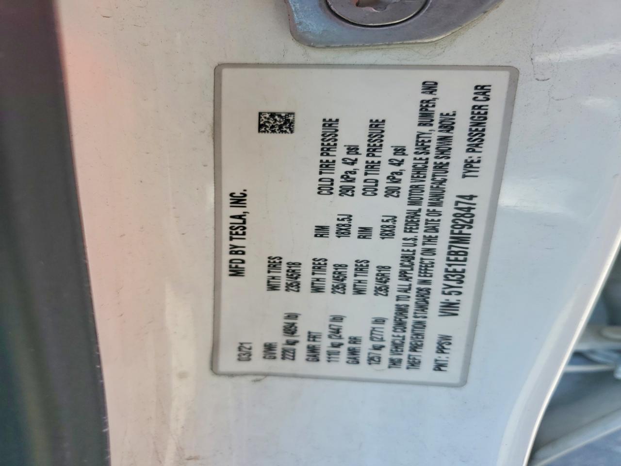 2021 TESLA MODEL 3