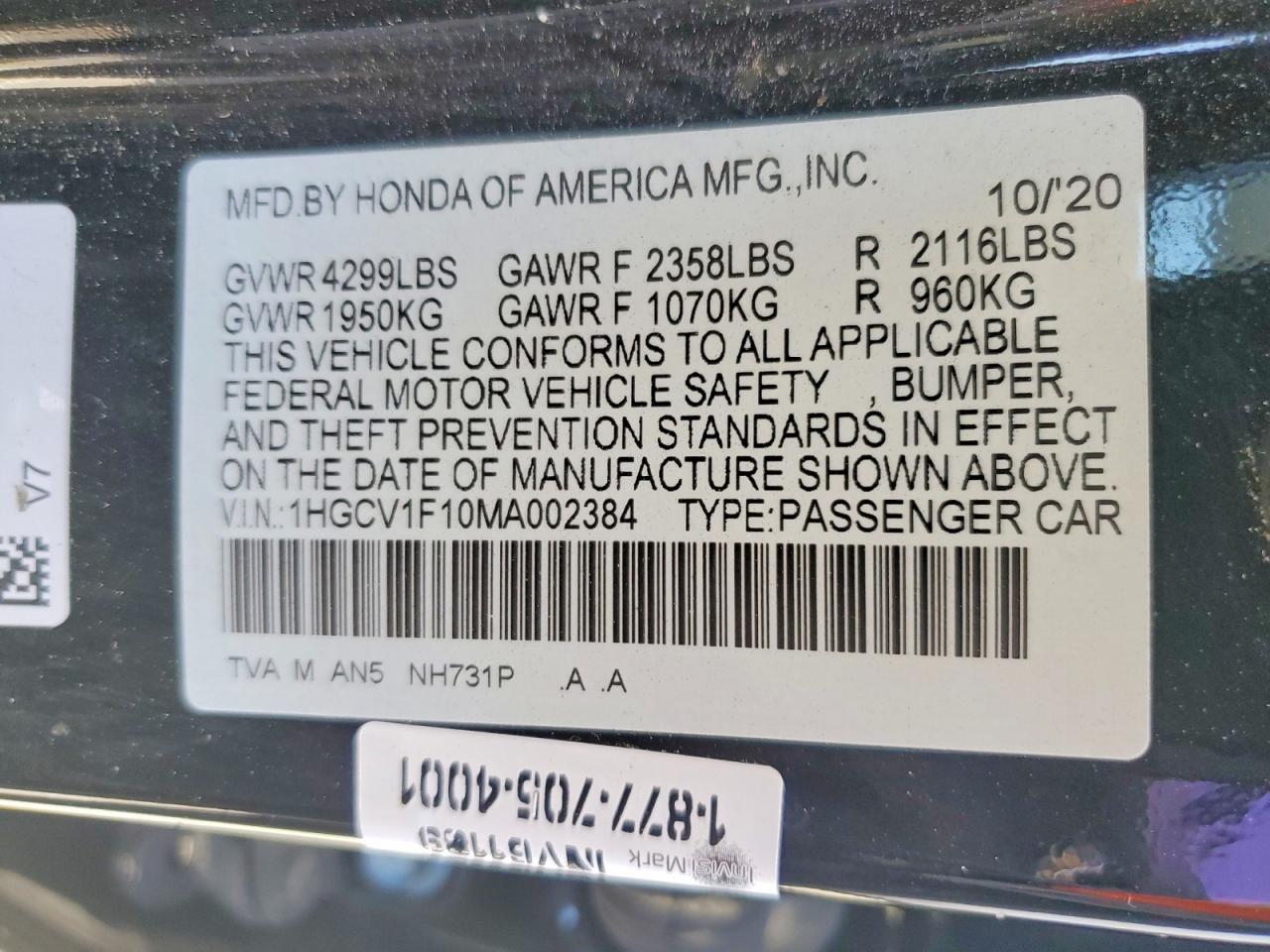 2021 HONDA ACCORD