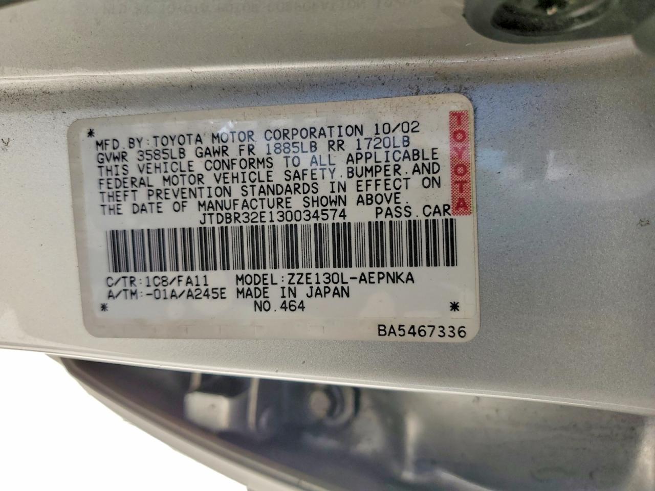 2003 TOYOTA COROLLA