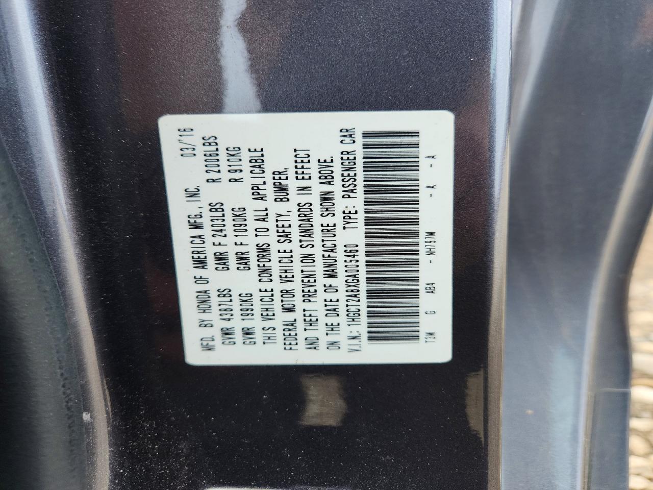 2016 HONDA ACCORD