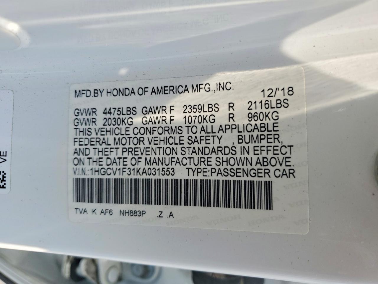 2019 HONDA ACCORD