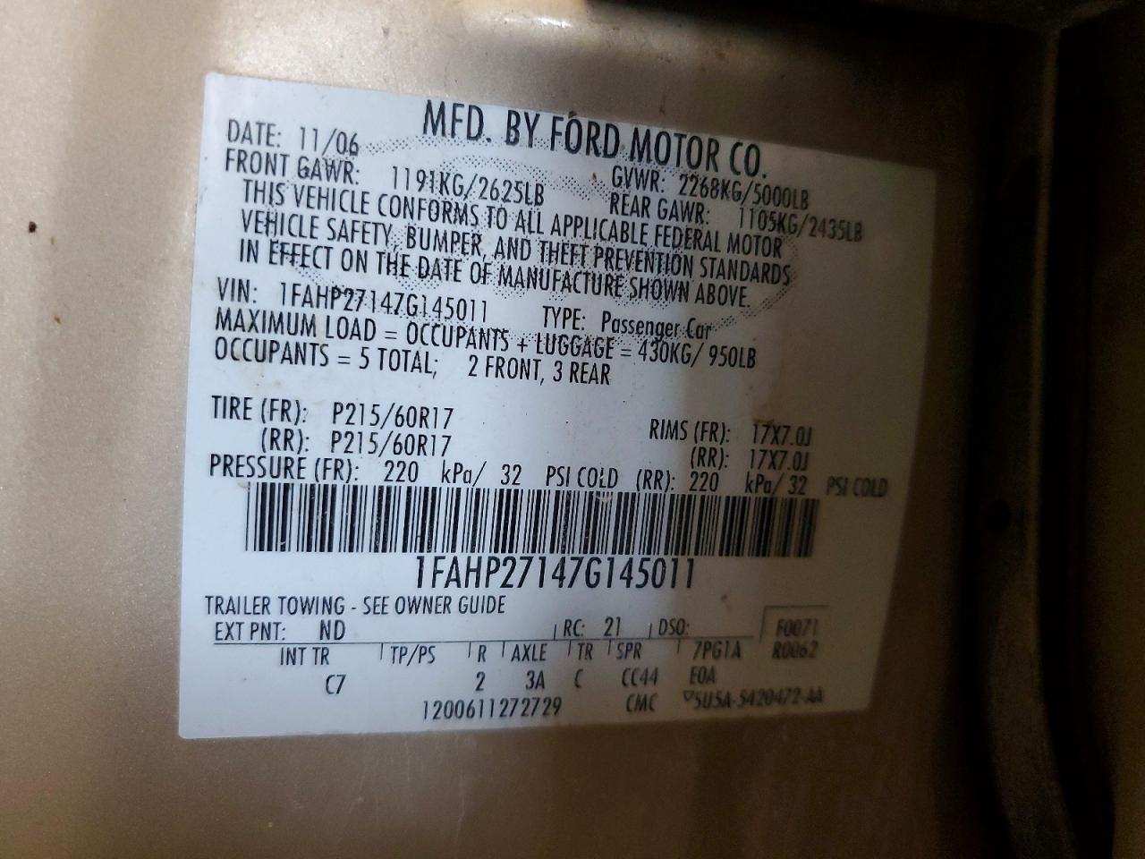 2007 FORD FIVE HUNDR