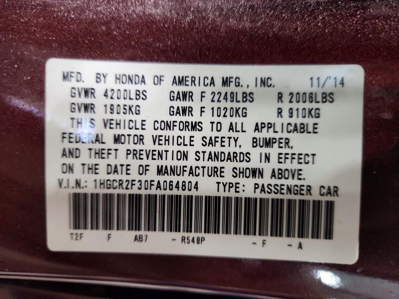 2015 HONDA ACCORD
