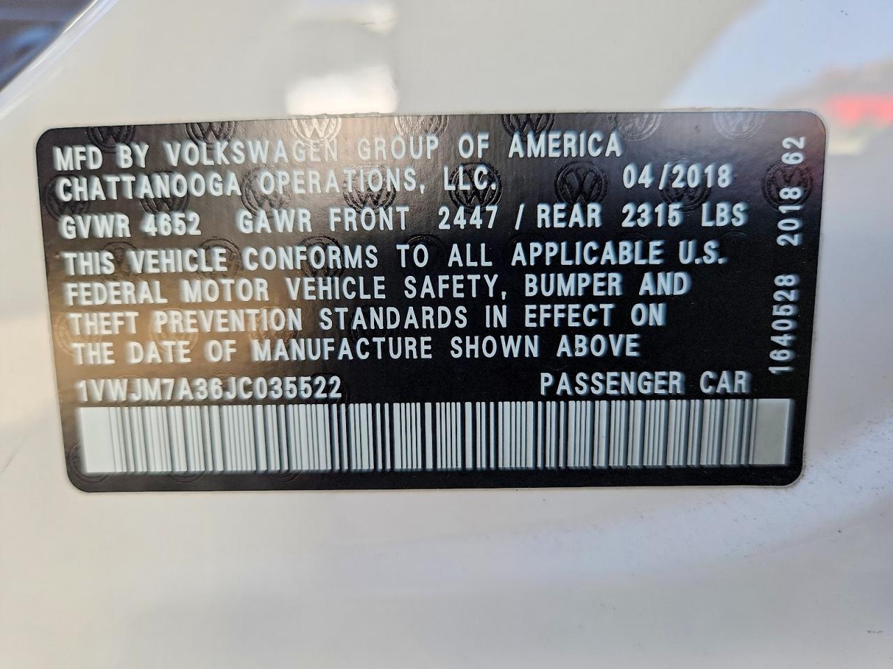 2018 VOLKSWAGEN PASSAT